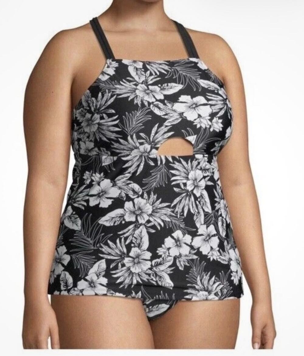 Time and Tru Black White Floral Tankini Swimsuit Set, Cutout High Waist, XL